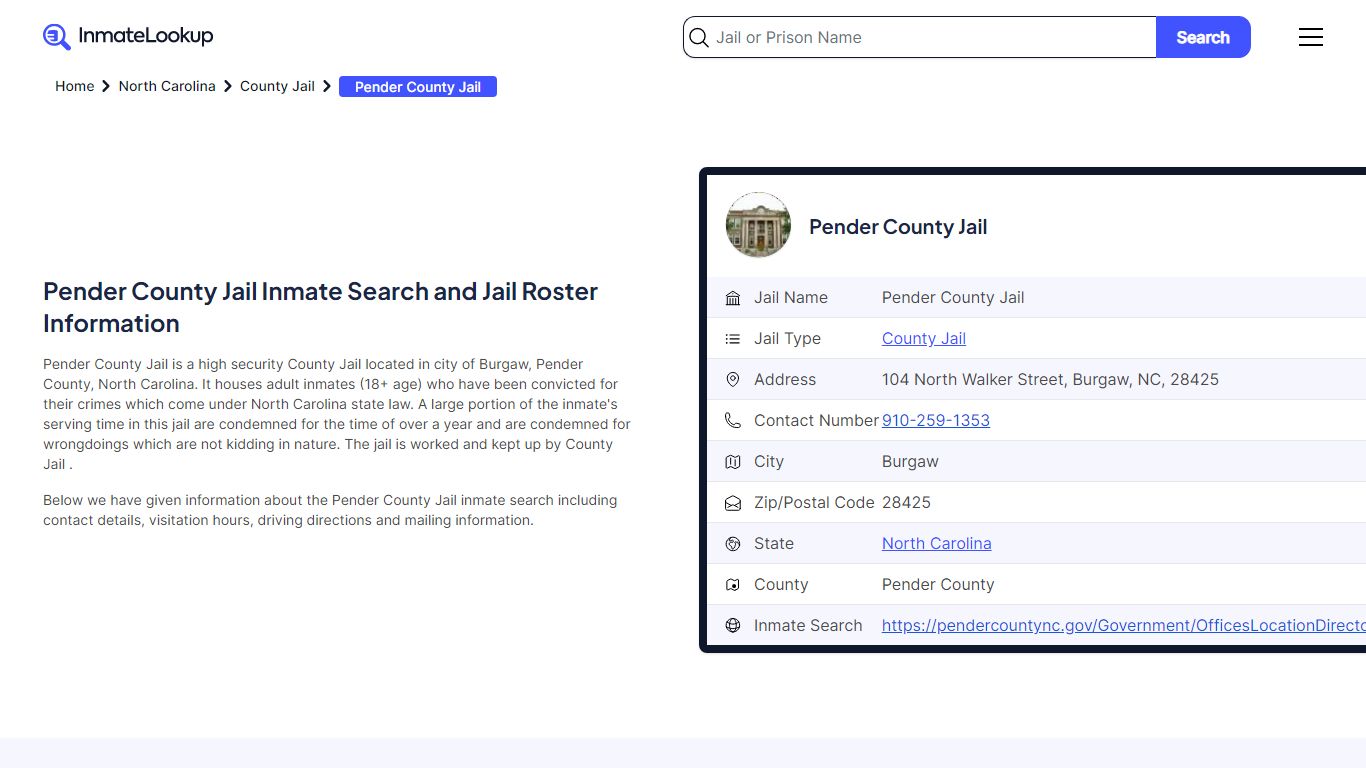 Pender County Jail Inmate Search and Jail Roster Information